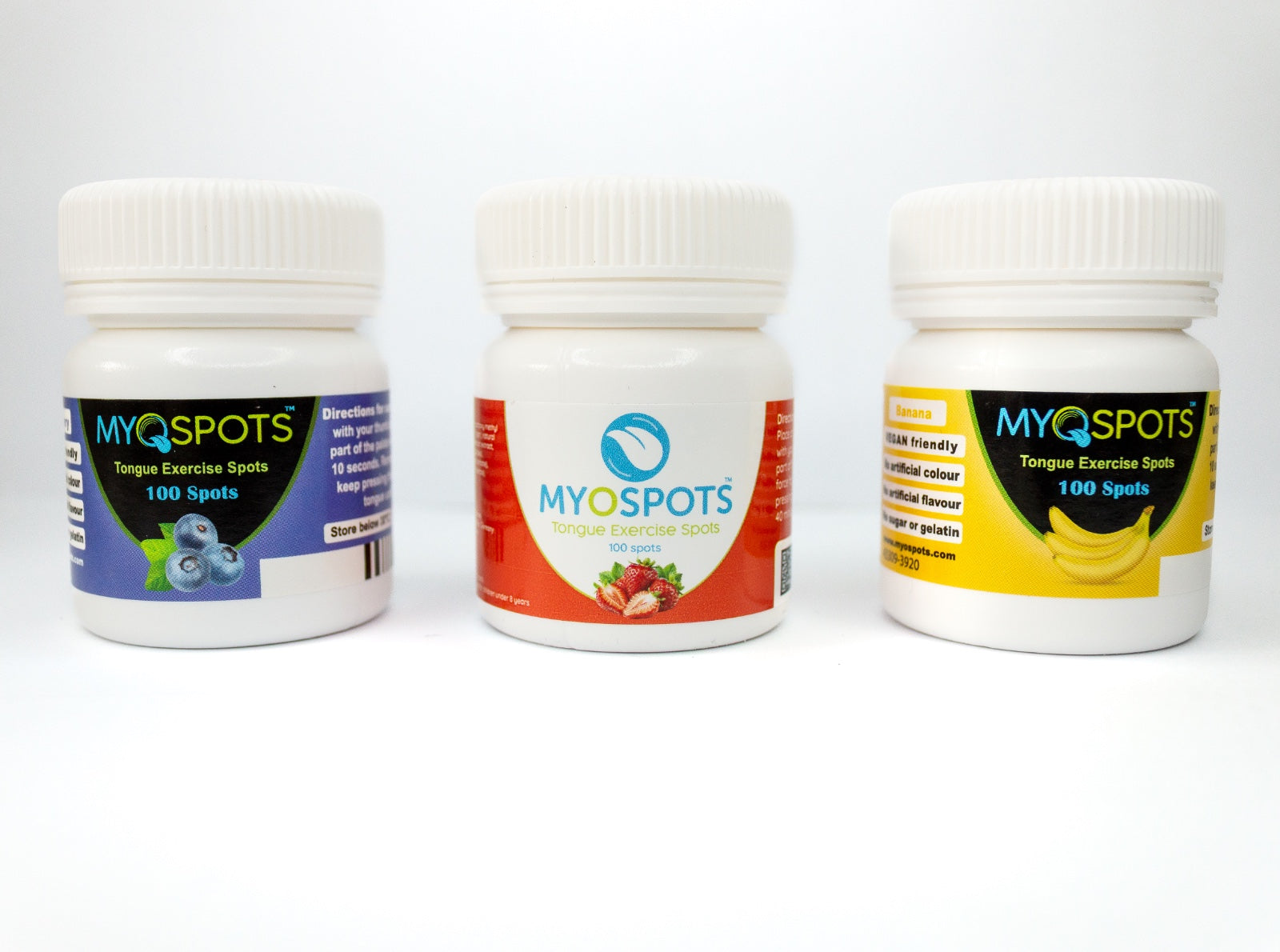 Three bottles of MYOSPOTS with different colored labels on a white background