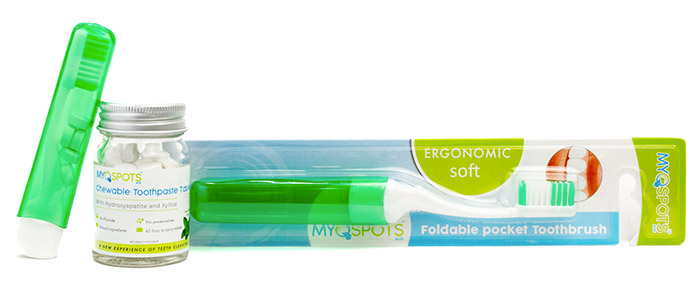 Myospots toothbrush and toothpaste tablets